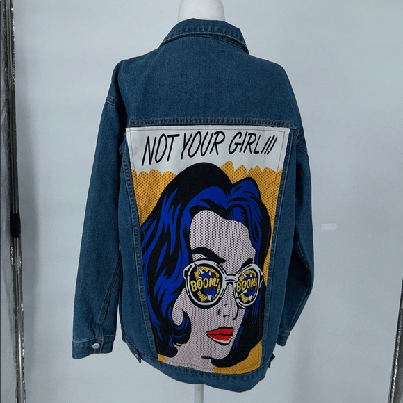 Shein Jean Jacket Denim Size L Not Your Girl Boom Boom Comic Pop Cotton/Poly - Picture 6 of 12